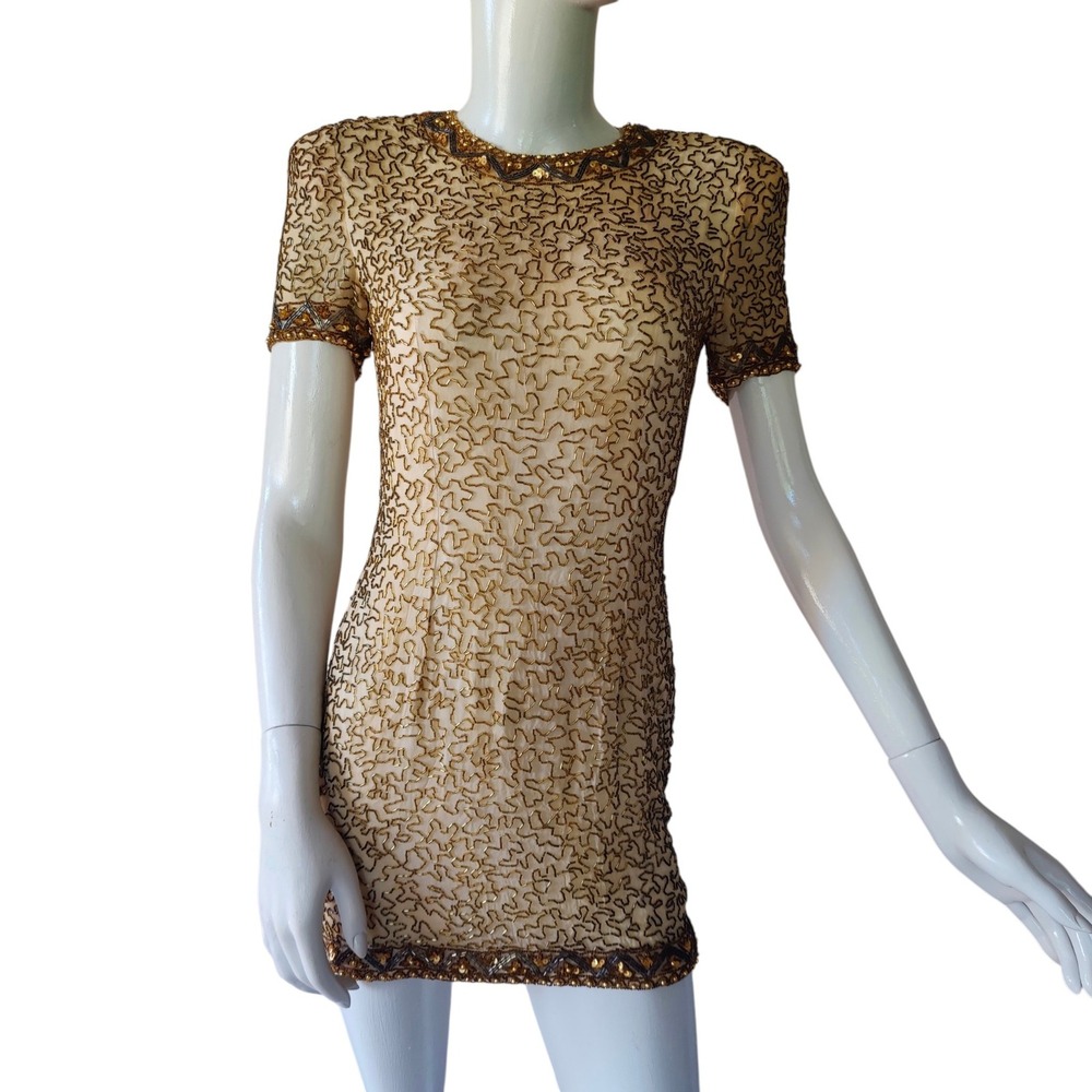 Vintage 80s AJ Bari 100% Silk Beaded Mini Dress Party Glam Gold Size 4 Art Deco